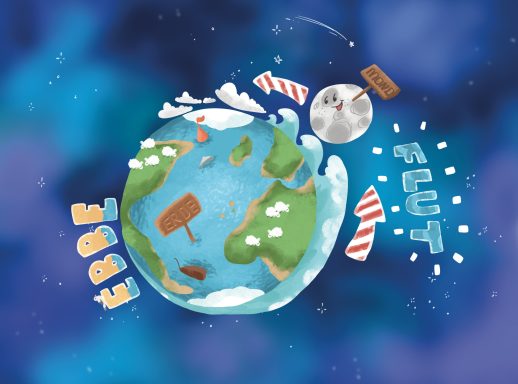 Illustration für Ebbe und Flut, niedlich, bunt, Mond