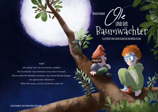 Ole und der Baumwächter, Titel, Umschlagillustration, Junge, Kobold, Nacht, kinderbuch illustration